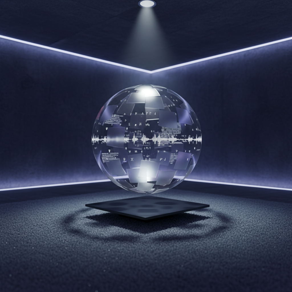 A serene, dimly lit room featuring a floating holographic conversation sphere made of translucent glass-like segments, each glowing subtly in gradients of blue, violet, and silver. Text fragments and tiny soundwave forms orbit inside the sphere, symbolizing evolving AI dialogue. The sphere hovers above a low, matte-black pedestal set on a soft slate-gray rug. Indirect LED strip lighting washes the dark walls with gentle gradients, while a single overhead spotlight creates a crisp highlight on the sphere and soft shadow beneath. Photographic, cinematic realism from a three-quarter angle, with moderate depth of field, evokes an atmosphere of discovery, introspection, and quiet technological sophistication.