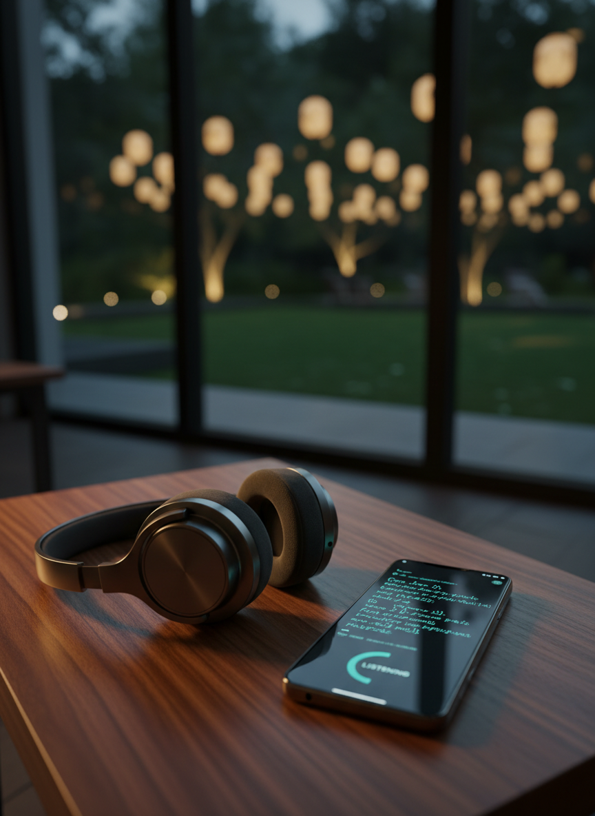 A pair of over-ear headphones with velvety charcoal ear cushions and a brushed metal headband resting beside a smartphone on a low, walnut side table. The phone displays a clean, dark-themed AI chat interface with flowing, poetic text and a glowing “listening” indicator rendered in soft cyan. The table stands near a large floor-to-ceiling window overlooking a softly lit night garden, lanterns creating warm golden bokeh. Gentle, lamp-like ambient lighting mixes with the cool screen glow, casting refined reflections on the wood. Photographic realism from a slightly elevated angle, with shallow depth of field isolating the device, conveys a serene, private space for healing, exploratory AI conversations.