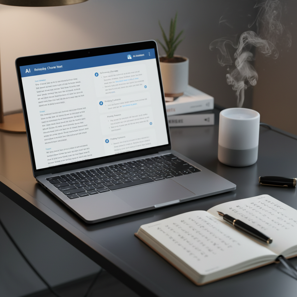 A close-up of a dark glass desk where a slim, silver laptop displays an AI chat session analyzing and gently restructuring a user’s reflective journal entry. Beside it lies an open, cream-colored notebook with neat, handwritten Japanese characters and a fine black fountain pen. A small, frosted-glass aromatherapy diffuser emits a cool white mist, softly lit from within. Late-evening, diffused lamp light blends with the laptop’s cool screen glow, creating tender highlights on the glass and metal surfaces. Photographic realism at a slightly oblique angle, shallow depth of field, with the primary focus on the harmonious relationship between analog writing and digital AI conversation, suggesting healing insight and thoughtful guidance.