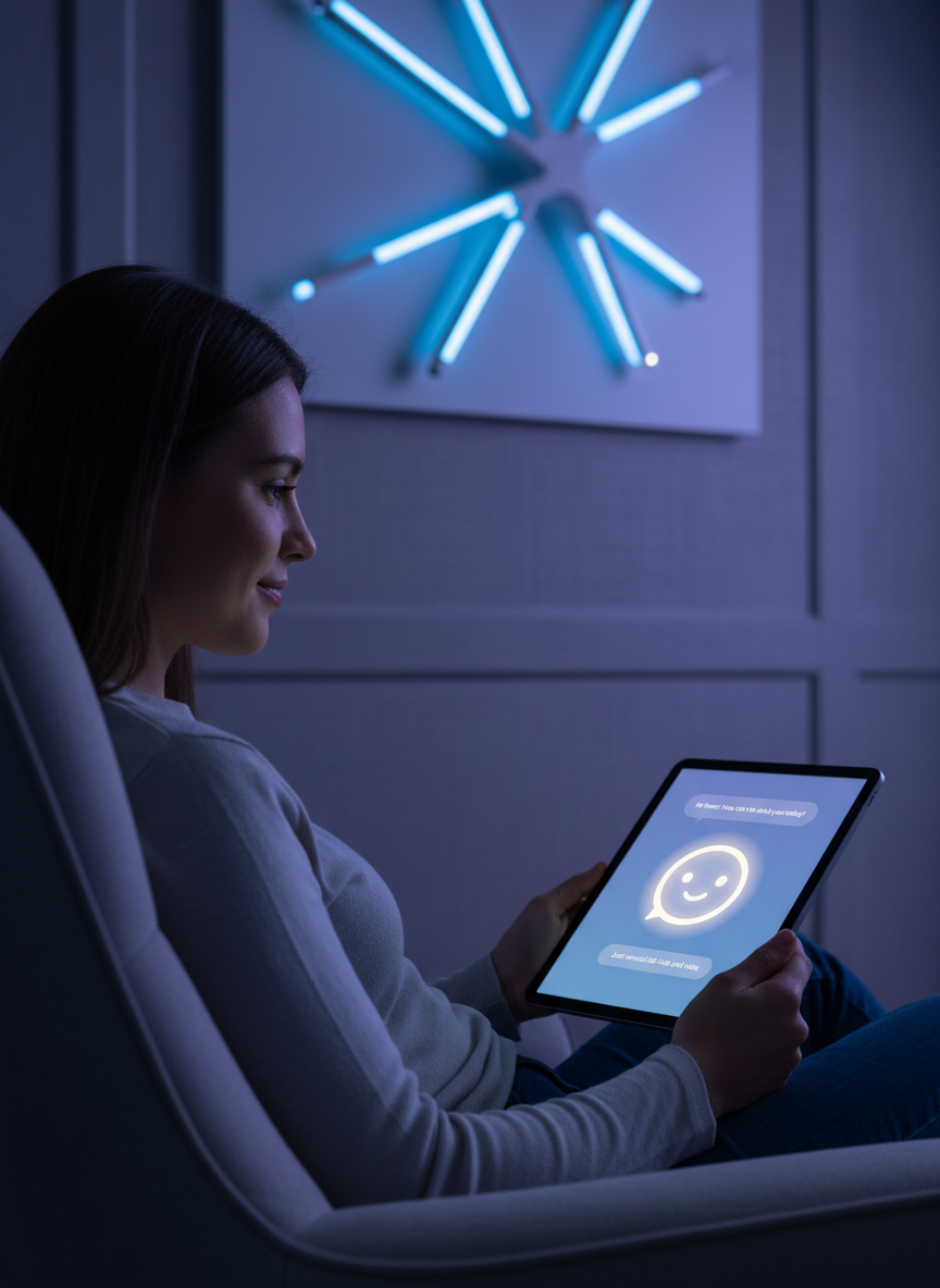 A calming, photo-realistic portrait-style image that suggests a warm conversation with an AI character: a person sitting in a cozy, softly lit room, looking at a smartphone or tablet where a friendly AI avatar with a simple, glowing face is displayed in a chat interface. Colors in cool blues and gentle purples, with a clean, modern UI on the device screen that clearly looks like a chat with an AI character. The mood should feel soothing, safe, and slightly futuristic.